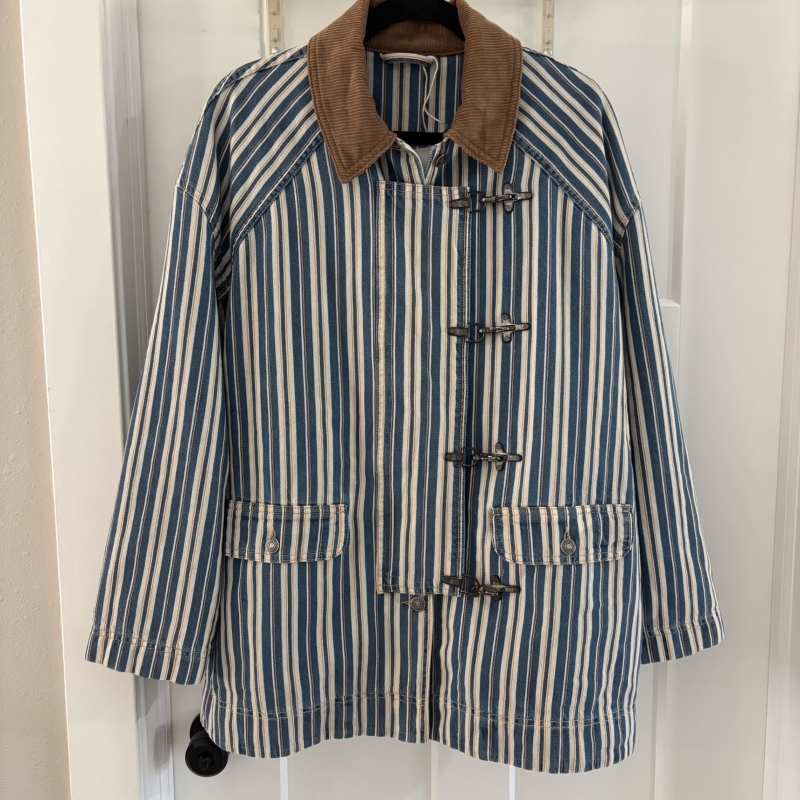 We The Free People Blue Striped Denim Barn Coat Corduroy Collar Toggle Closure